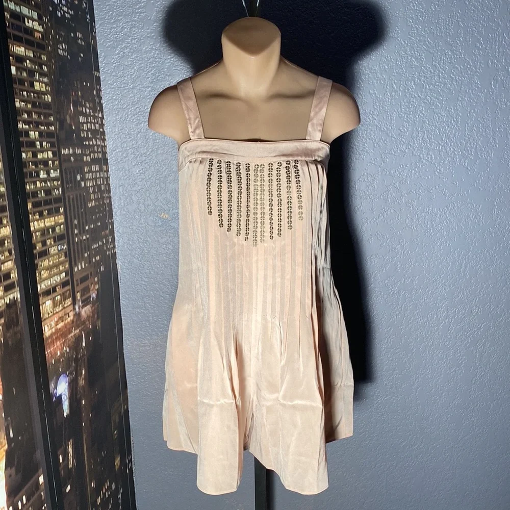 TIBI - silk pocketed, pleated romper: rose gold, square neck, button closure - 4 - Picture 2 of 16